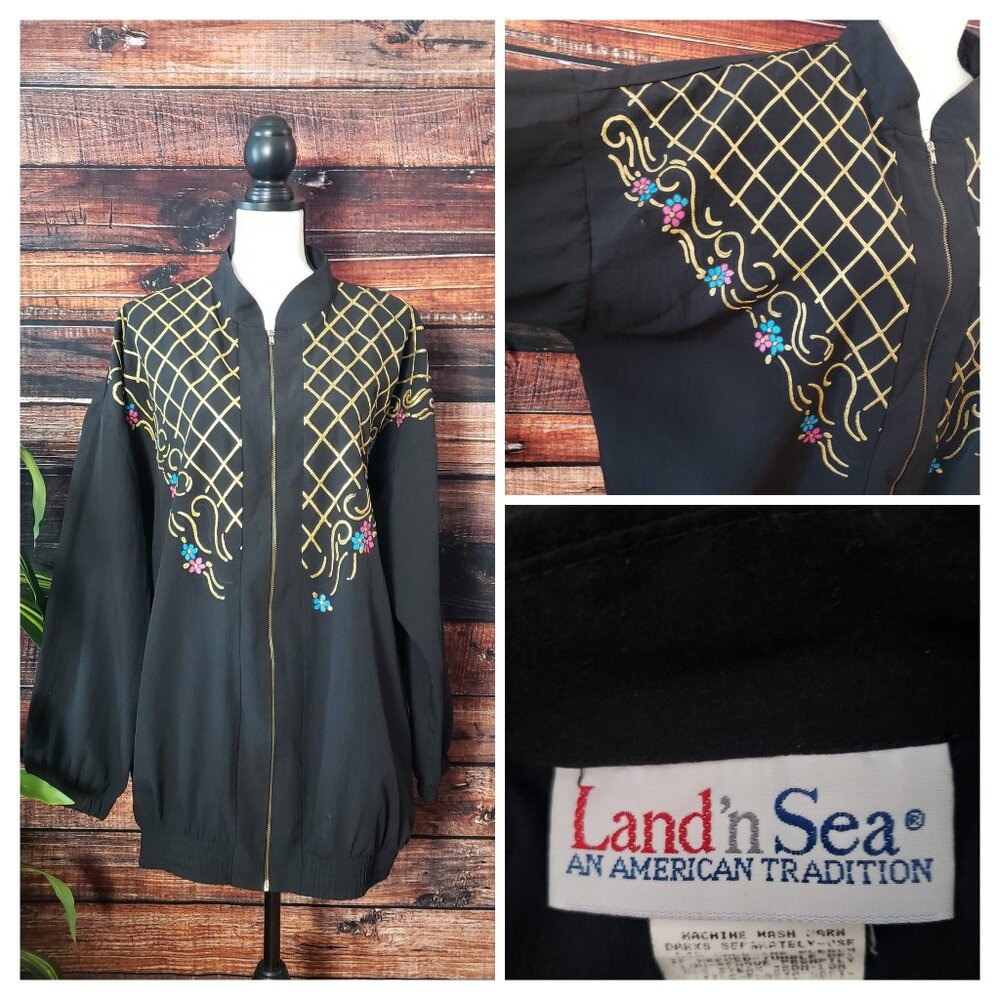 Land N Sea 1X Vintage 80s Jacket Windbreaker Zip Embellished Black USA Made
